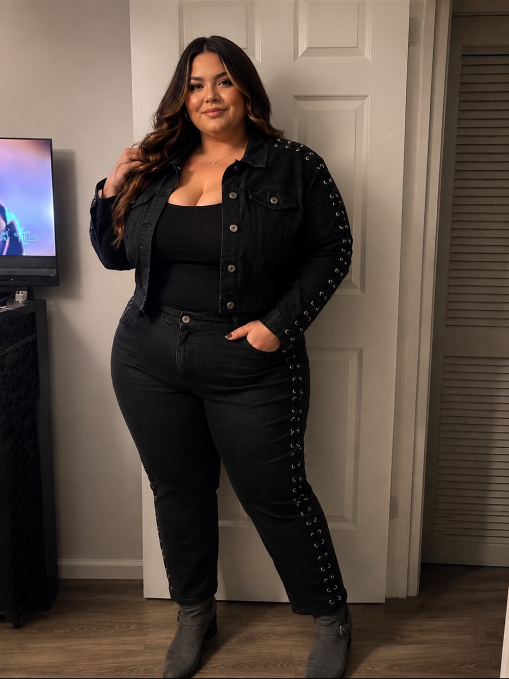 Ashley Stewart Black Lace-Up Denim Women's Pants & Jacket Set. Light weight